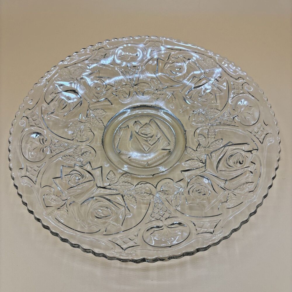 Vtg 10.5" Round Embossed Floral Glass Serving Platter Plate Dish Rose Sawtooth